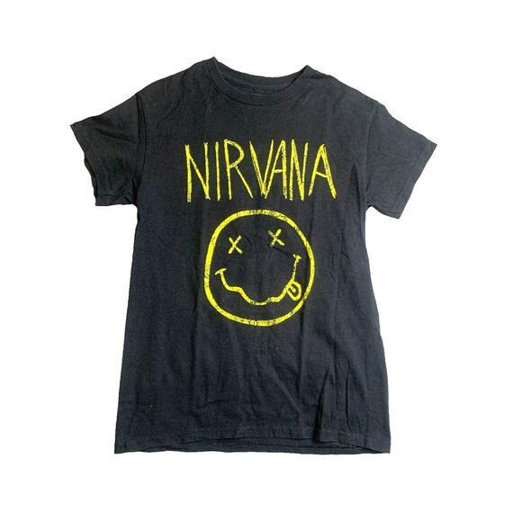Nirvana Shirt Womens Small Black Smiley Spell Out‎ American Rock Band Ladies - Picture 1 of 7